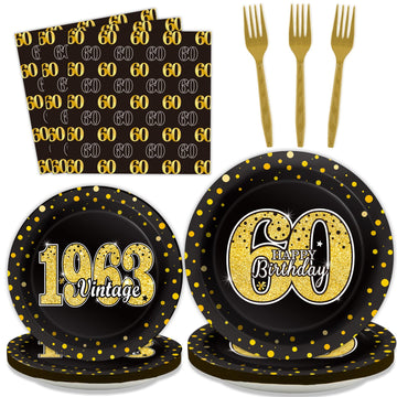 96Pcs 60Th Theme Birthday Party Tableware Vintage 1965 Party Supplies 60 Year Old Birthday Party Decorations Plates Napkins Forks Black And Gold Dinnerware Favors For Men Or Women