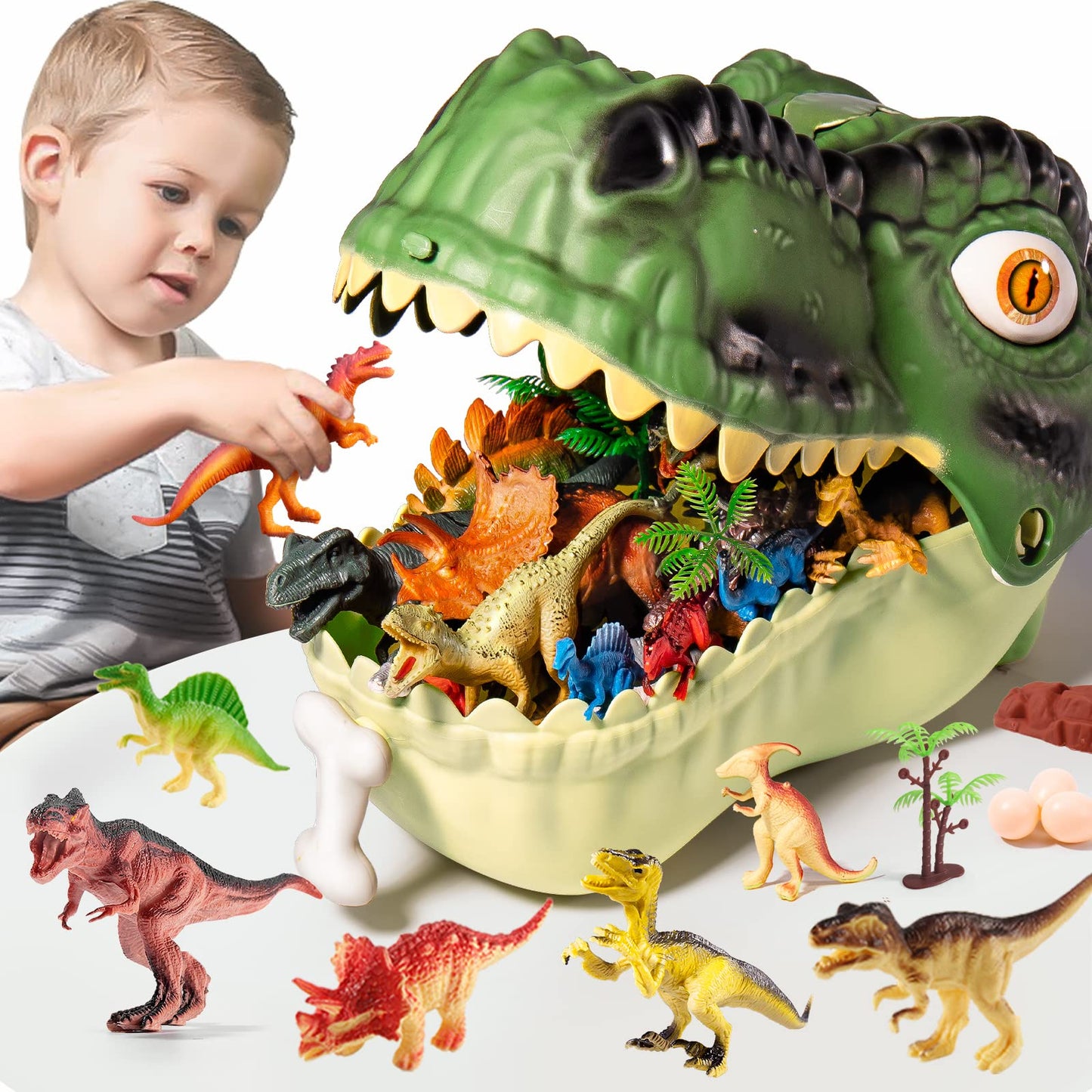 RISUNTOY Dinosaur Toys Set - 45PCS Realistic PVC Figures with Eggs, Trees & Fence, Educational Playset for Kids 3-5, Multicolor