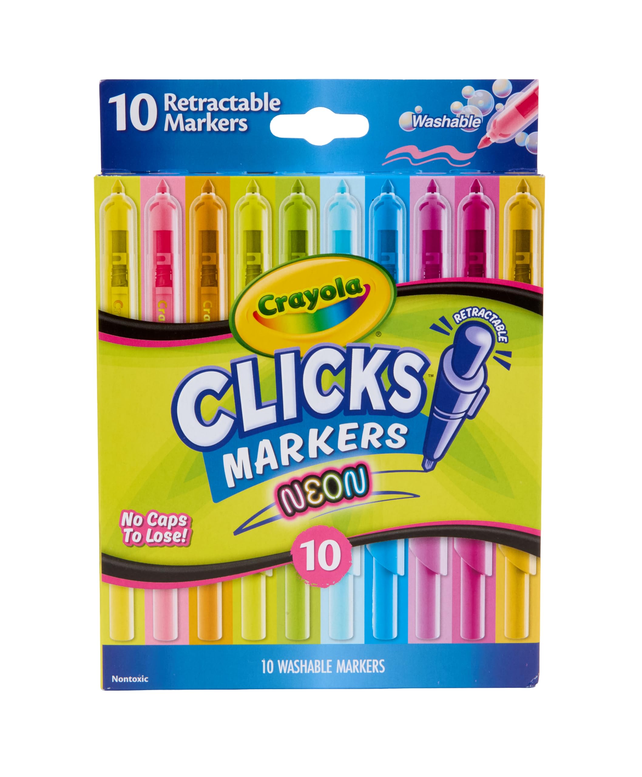 Crayola Clicks Retractable Tip Neon Markers (10Ct), No Drying Washable ...