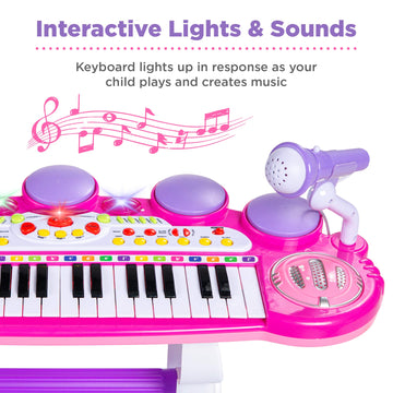 Best Choice Products 37-Key Kids Electronic Musical Instrument Piano Learning Toy Keyboard W/Multiple Sounds, Lights, Microphone, Stool - Pink