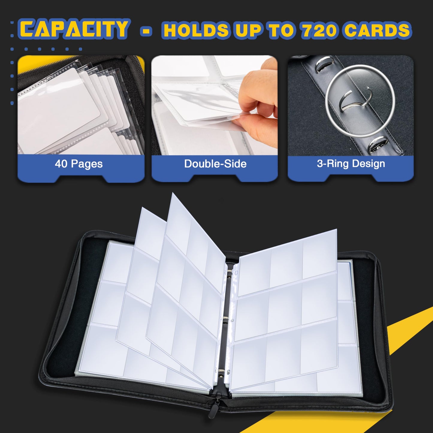 Basketball Card Binder, 9 Pocket Zipper Sports Card Binder, 720 Double Sided Pocket Waterproof Album, Basketball Cards Display H