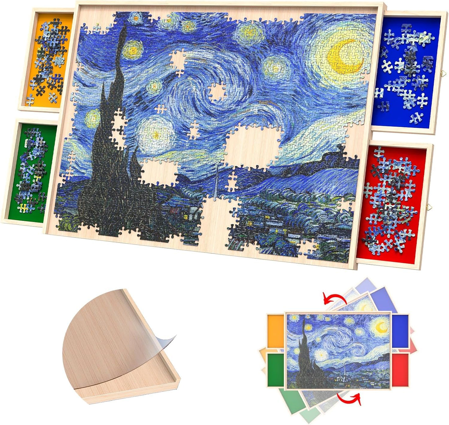 Rotatable 360-Degree Wheels Puzzle Board With Drawers And Cover 1500 Pieces Lightweight Portable Wooden Puzzle Table For Adults