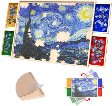 Rotatable 360-Degree Wheels Puzzle Board With Drawers And Cover 1500 Pieces Lightweight Portable Wooden Puzzle Table For Adults