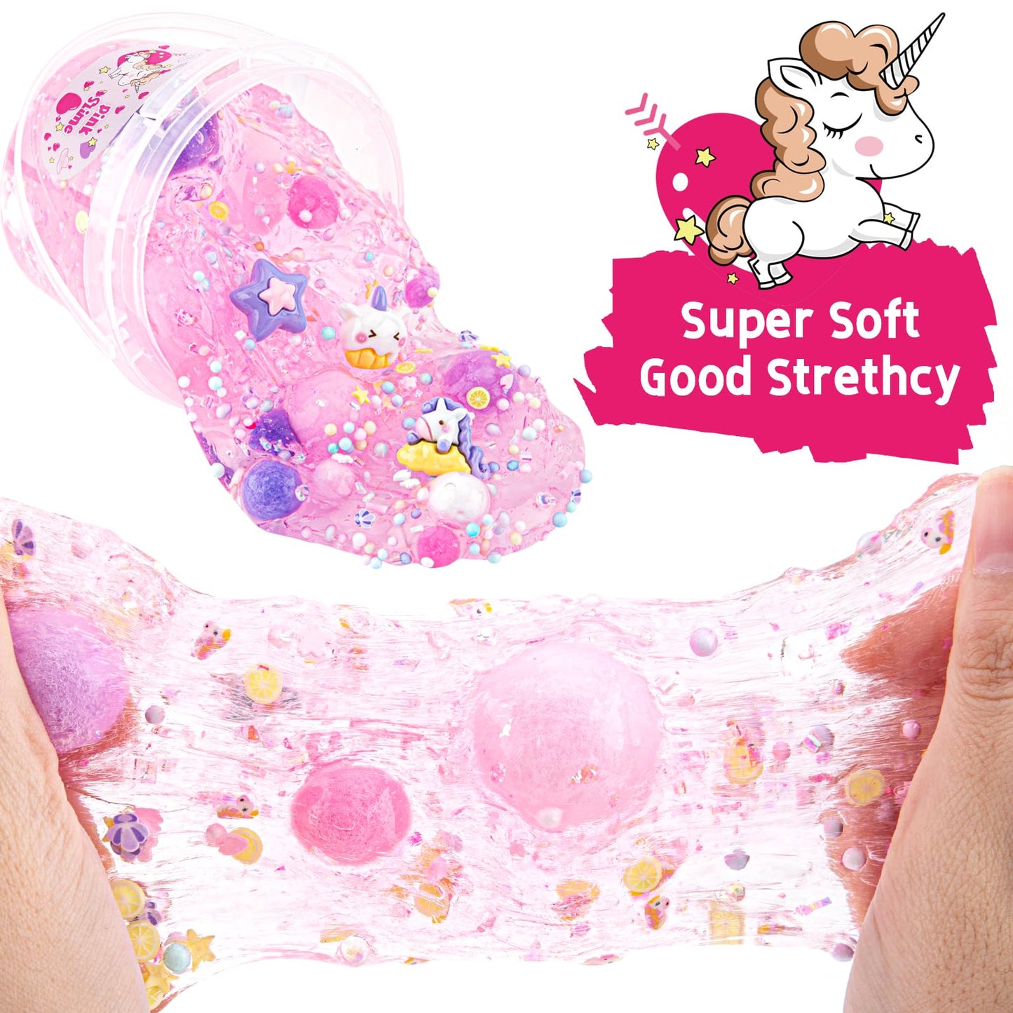 10 Fl Oz Unicorn Slime Kit, Pink Clear Slime Bucket, Slime Party Favors For Kids, Glimmer Crunchy Slime Includes 9 Packs Of Slim