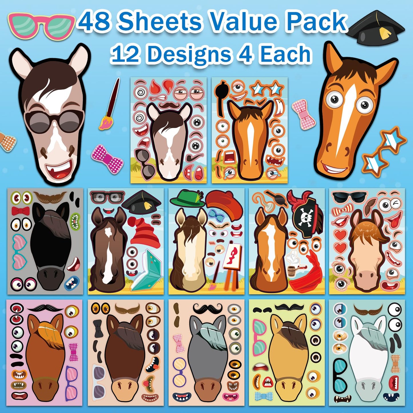 Aowplc 48 Pcs Make A Horse Sticker Sheets Mix And Match For Kids Horse Party Favors Supplies Birthday Gifts Activity Crafts