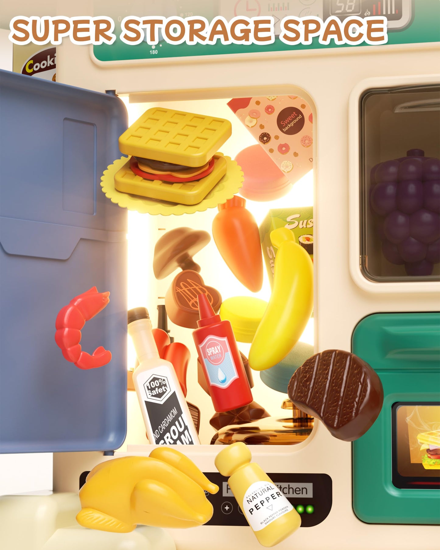 49Pcs Kitchen Playset for Boys & Girls, Kid Play Kitchen with Realistic Lights & Sounds, Spray Sink Toy Kitchen Accessories, Pre