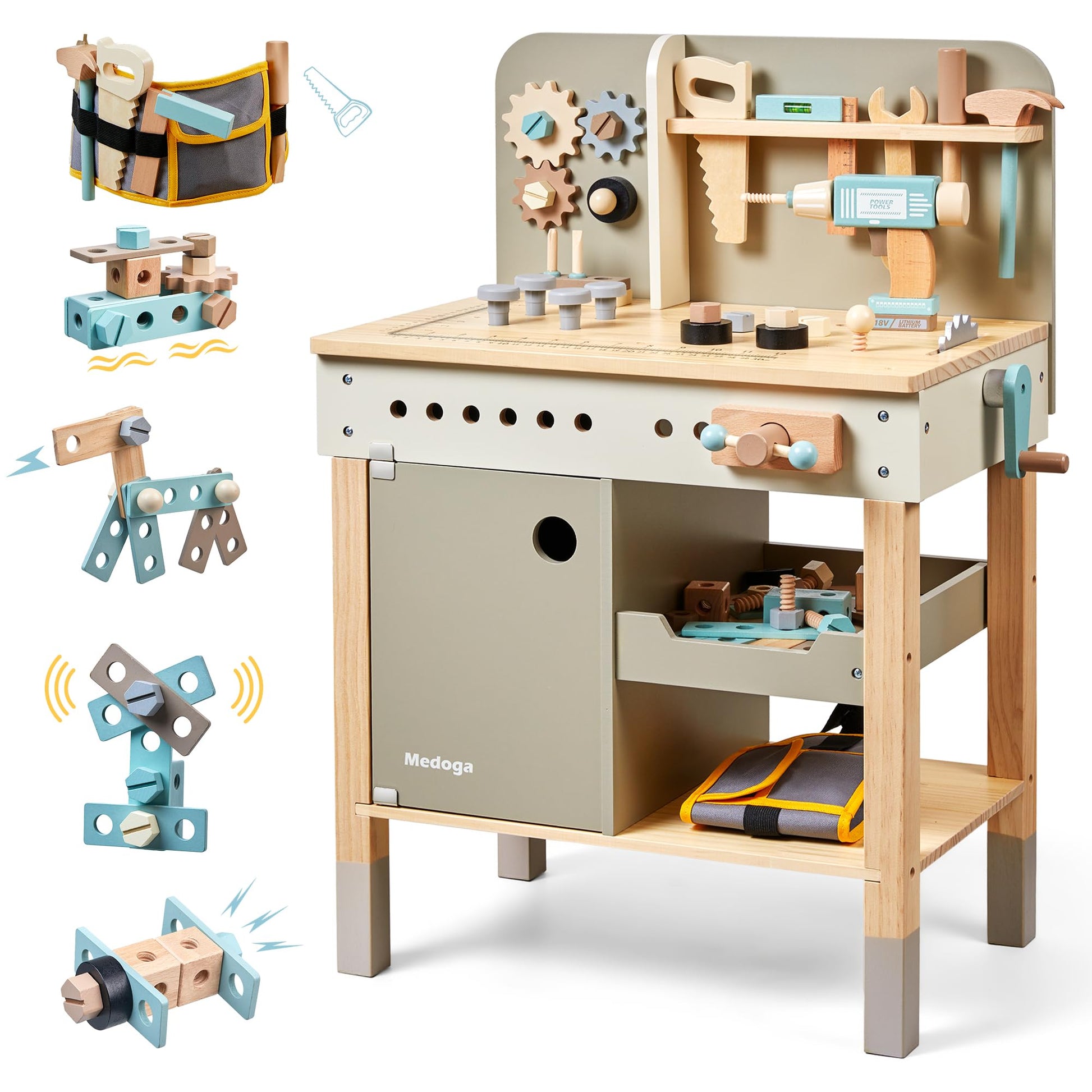Kids Tool Bench,Wooden Play Tools Set with Kids Tool Belt Toddlers Workbench Pretend Construction Tools Set Wooden Toy Drill Gif