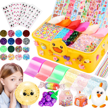 Lokuc Duck Theme Nano Tape Bubble Kit for Kids, 19.7Ft Plastic Kit with Glitter, Clay, Beads, Stickers, Yellow, Model NMJTZ-3
