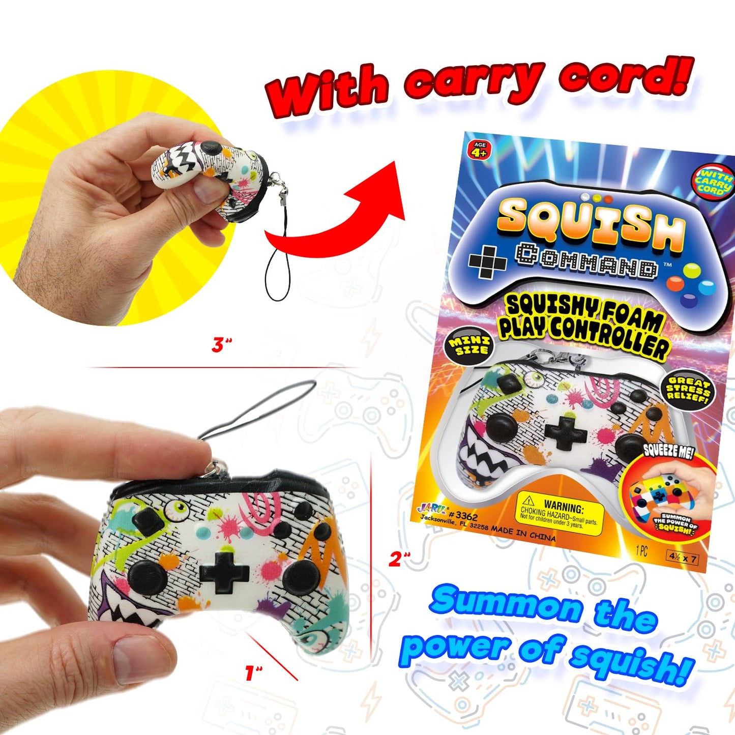 JA-RU Squishy Foam Play Controller Toy (4 Controllers Assorted) Mini Squish Console Command Stress Relief Toys with Carry Cord. Smushy Party Favor Collectible Fidget for Kids  Teen  & mature-themed. 3362-4