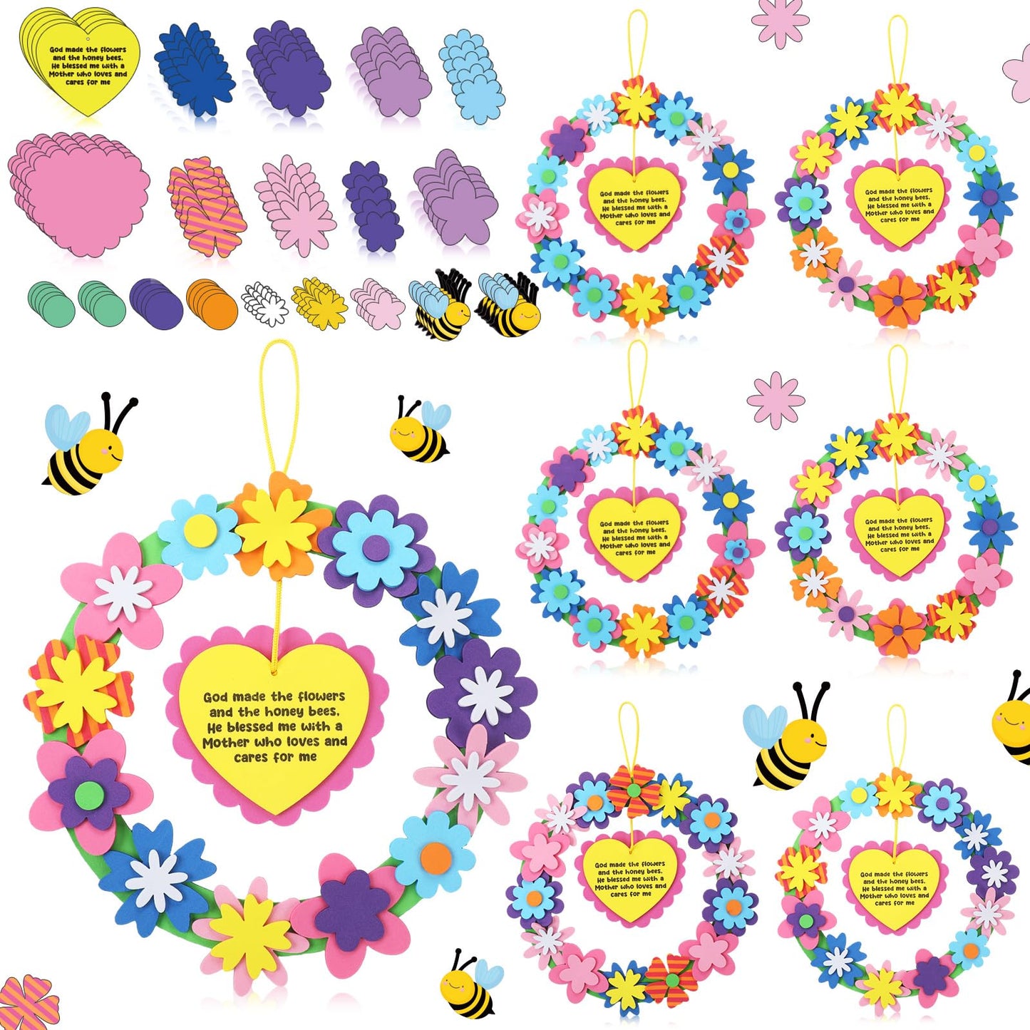 Lunmon 24 Sets Mothers Day Crafts for Kids Mom Bulk Foam Flower Wreath with Flowers Honey Bees and Inspirational Poem DIY Craft