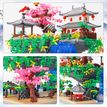 Samyblocks 3600Pcs Micro Mini Blocks Peach Blossom Pond Bonsai Tree Kit,Traditional Architecture Building Blocks,Exquisite Cherr