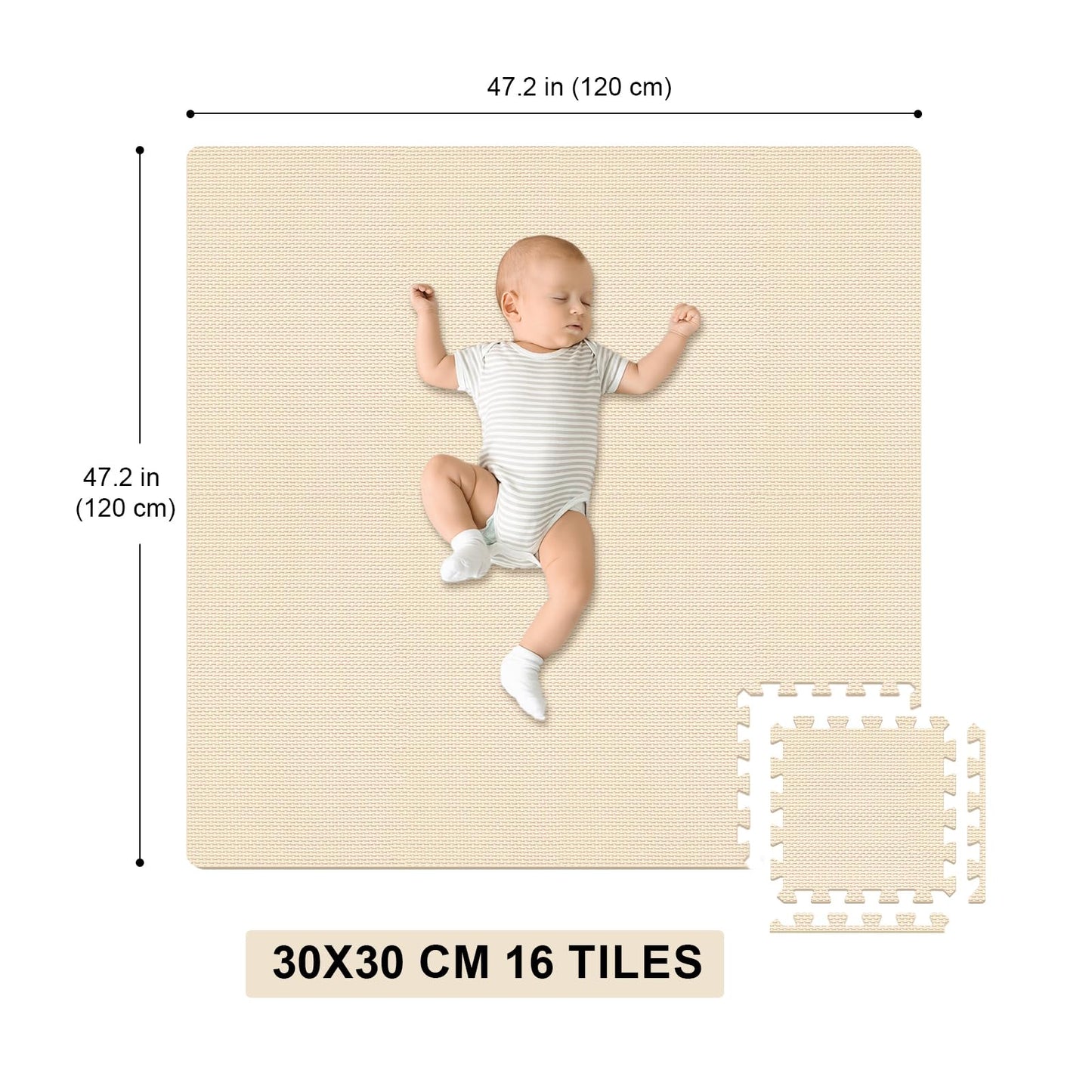 Hiwhy Puzzle Play Mat 16 Tiles With 32 Border Pieces, Interlocking Stitching Mat With Border For Living Room Playroom Gym, Beige