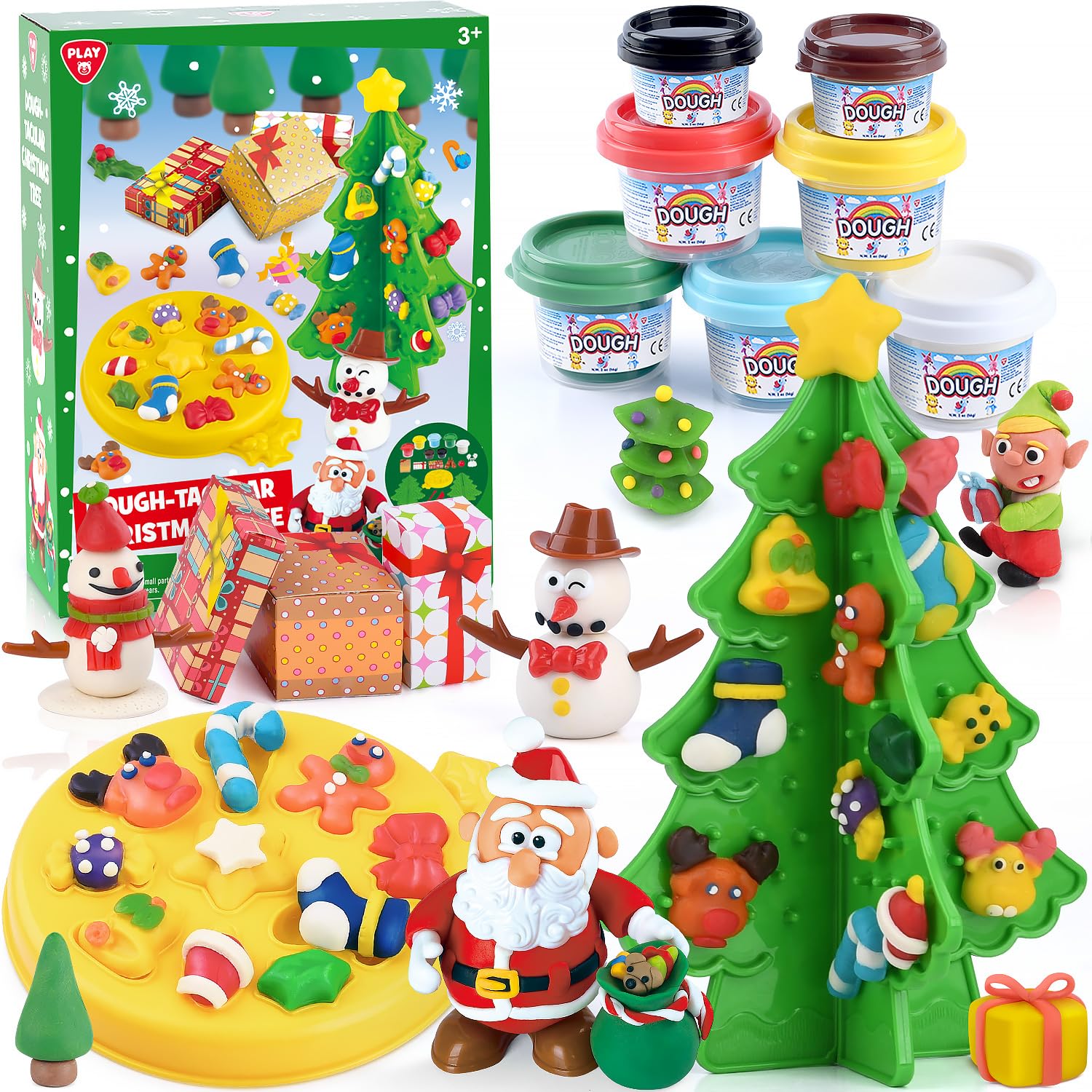 PLAY Christmas Color Dough Sets for Kids Ages 4-8, DIY Sensory Dough Kit Toys Christmas Tree Crafts for Kids, Safe & Non-Toxic T