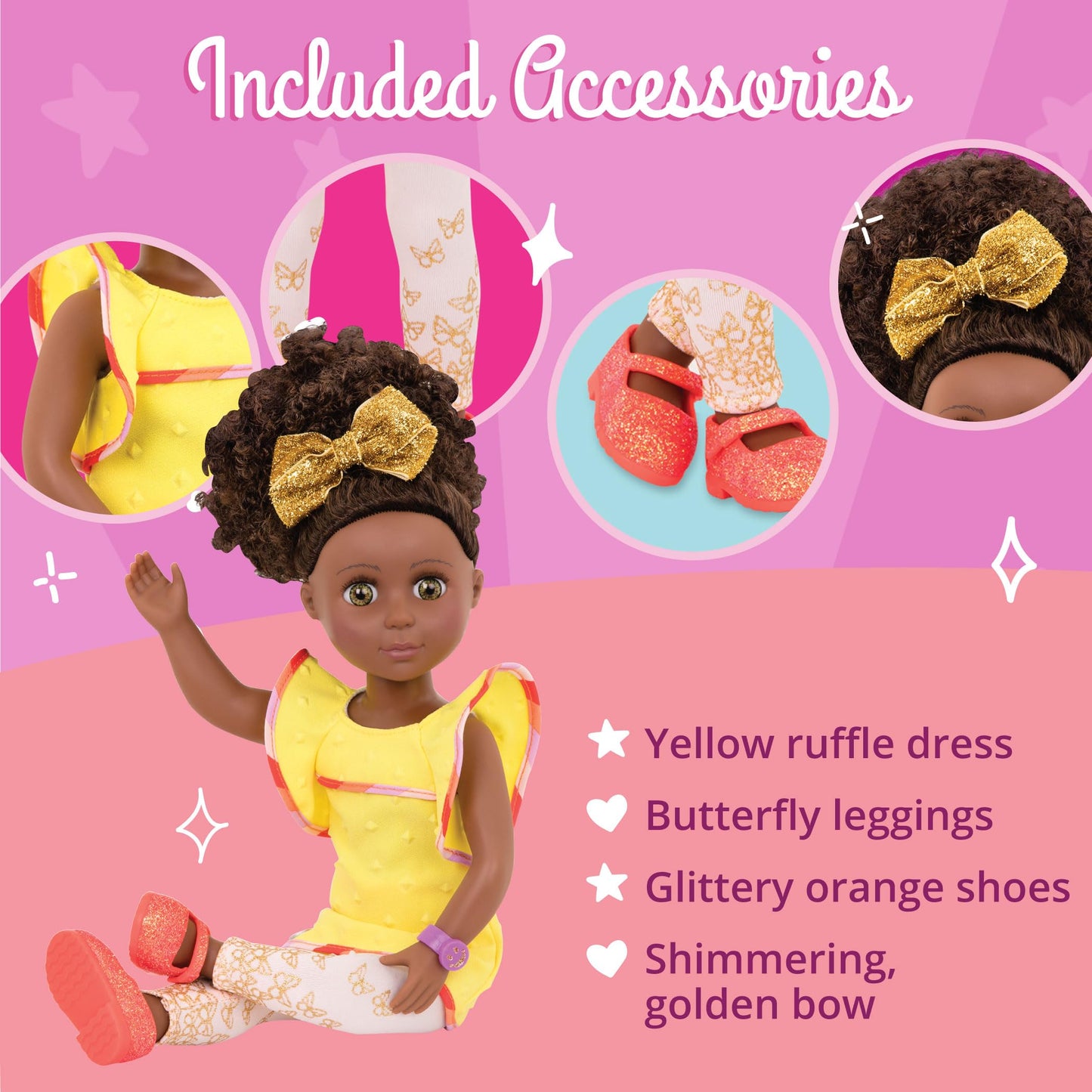 Glitter Girls - 14-Inch Fashion Doll - Brown Hair & Hazel Eyes - Medium - Dark Skin Tone - Gold Ruffle Dress & Pink Glitter Shoe