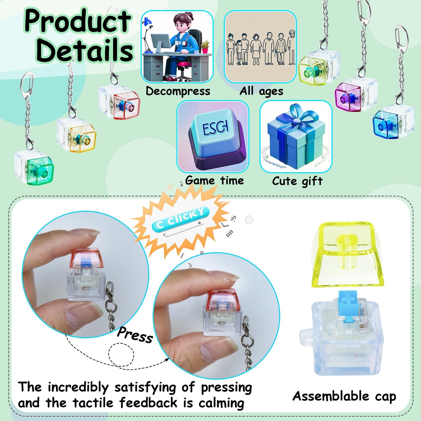 6 Pack Keyboard Fidget Toy Keyboard Fidget Keychain Keyboard Decompression Button Finger Clicker Toys  Button Stress Relief Fidget Gifts for mature-themed to Relief Stress (Mix Transparent)