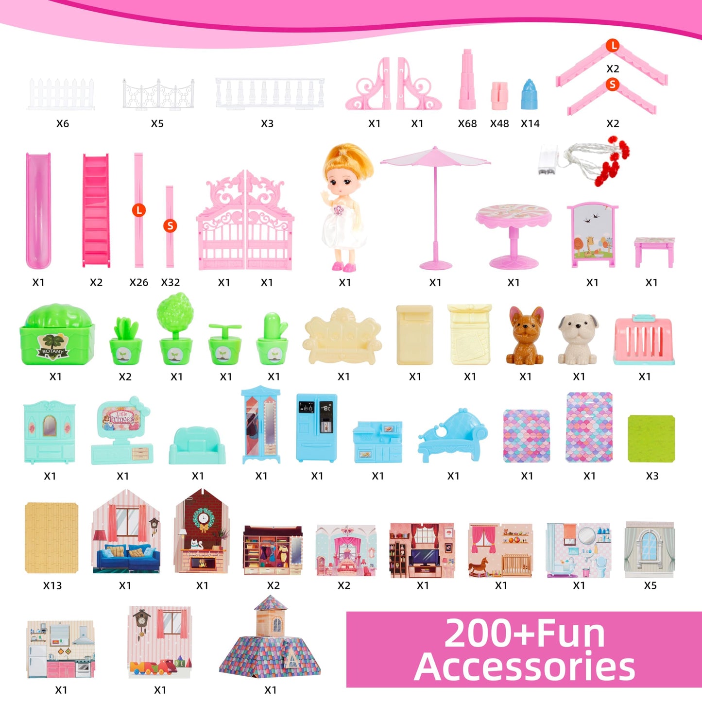 Doll House For Girls,13 Rooms Dollhouse With Dolls Figure, Puppies,Furnitures, Accessories, Led Light, Toddler Playhouse Gift For For 3 4 5 6 7 8 9 10 Year Old Girls Toys (Pink)