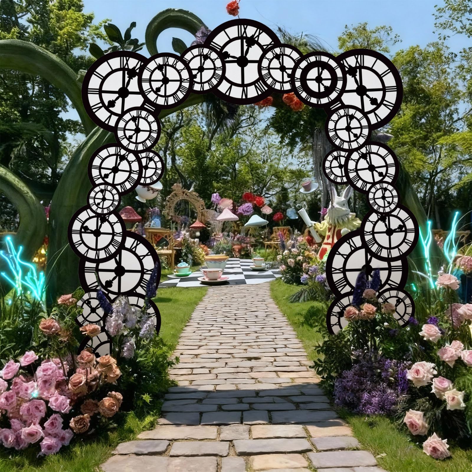Preboun Wonderland Tea Party Decoration 6.56 x 4.9 ft Clock Door Banner Wonderland Garland Photo Props Background for Birthday B