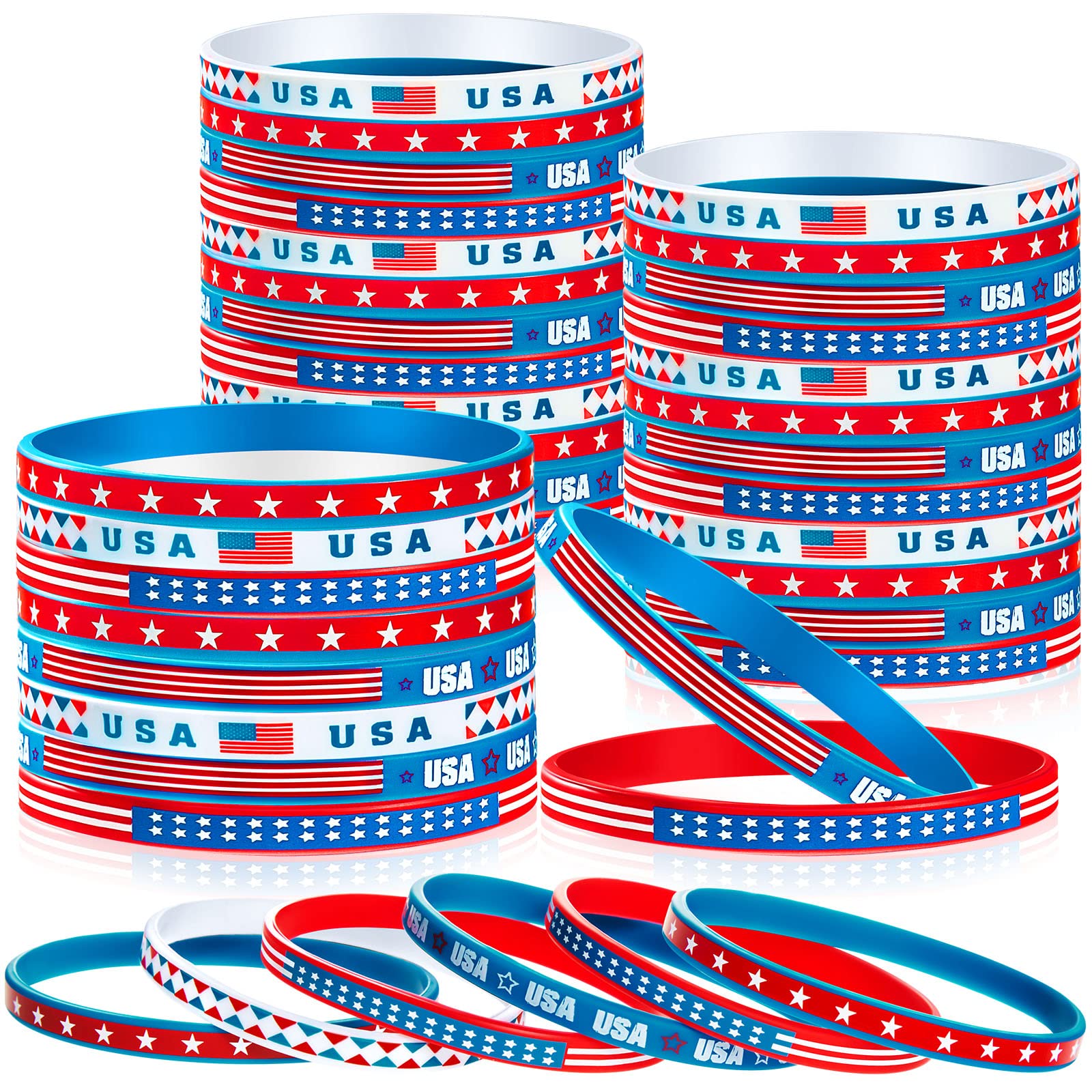 Leitee 100 Pcs USA Silicone Bracelet Red White Blue American Flag Wristbands Veterans Day Memorial Party Accessories Decoration 