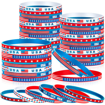 Leitee 100 Pcs USA Silicone Bracelet Red White Blue American Flag Wristbands Veterans Day Memorial Party Accessories Decoration 