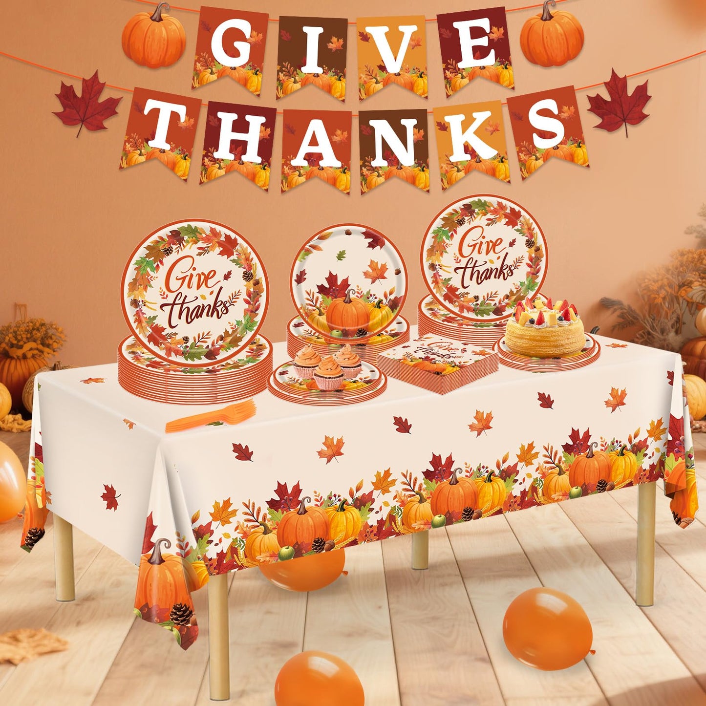 Thanksgiving Plates, 98PCs Give Thanks Plates Serves 24 with Napkins Tablecloth and Give Thanks Banner Forks for Fall Autumn Tha