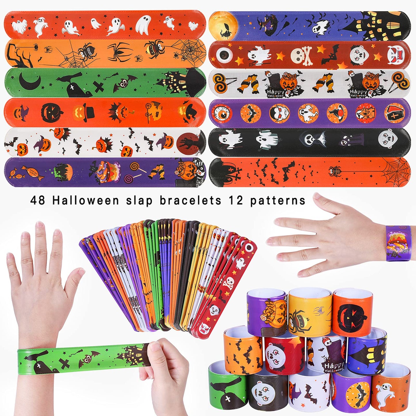 Max Fun 48pcs Halloween Slap Bracelets Halloween Party Favors Halloween Toys for Kids Halloween Party Favor Halloween Treat Bags