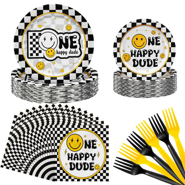 Umigy 96 Pcs One Happy Dude Birthday Party Decorations One Happy Dude Party Tableware Smile Face Party Supplies for 24 Guests Sm