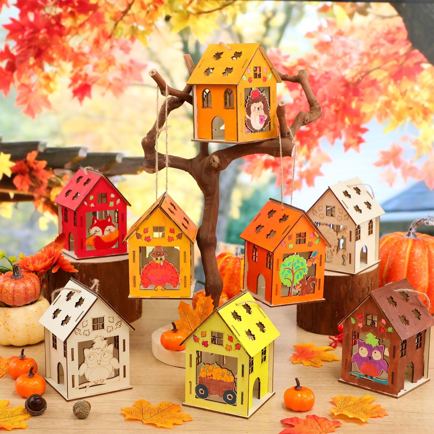 DoubleFill 12 Pcs Fall Wooden House Craft Kits for Kids Adults Make You Own Fall House Thanksgiving DIY Unfinished Painting Turk