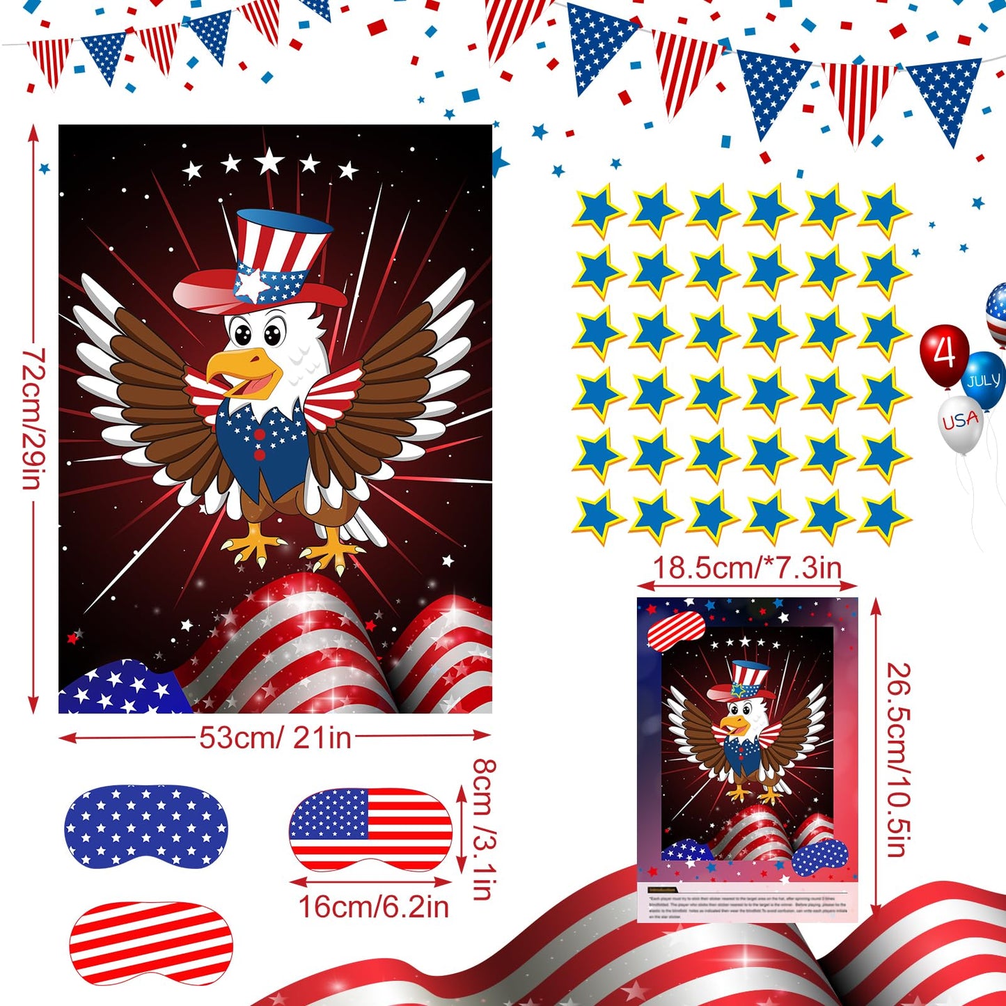 Astaron Pin The Star On The Eagle Patriotic Party Game 4Th Of July Independence Day Party Activities Game, Poster With 36 Stickers & 3 Blindfolds Independence Day Decor