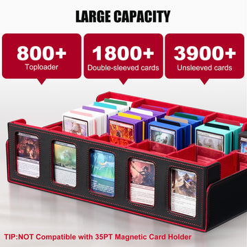 Kabinka 3900+ Card Deck Storage Box - Black & Red Commander Display Case with Removable Lid, 5 Toploaders, 48 Dividers, Dice Tray