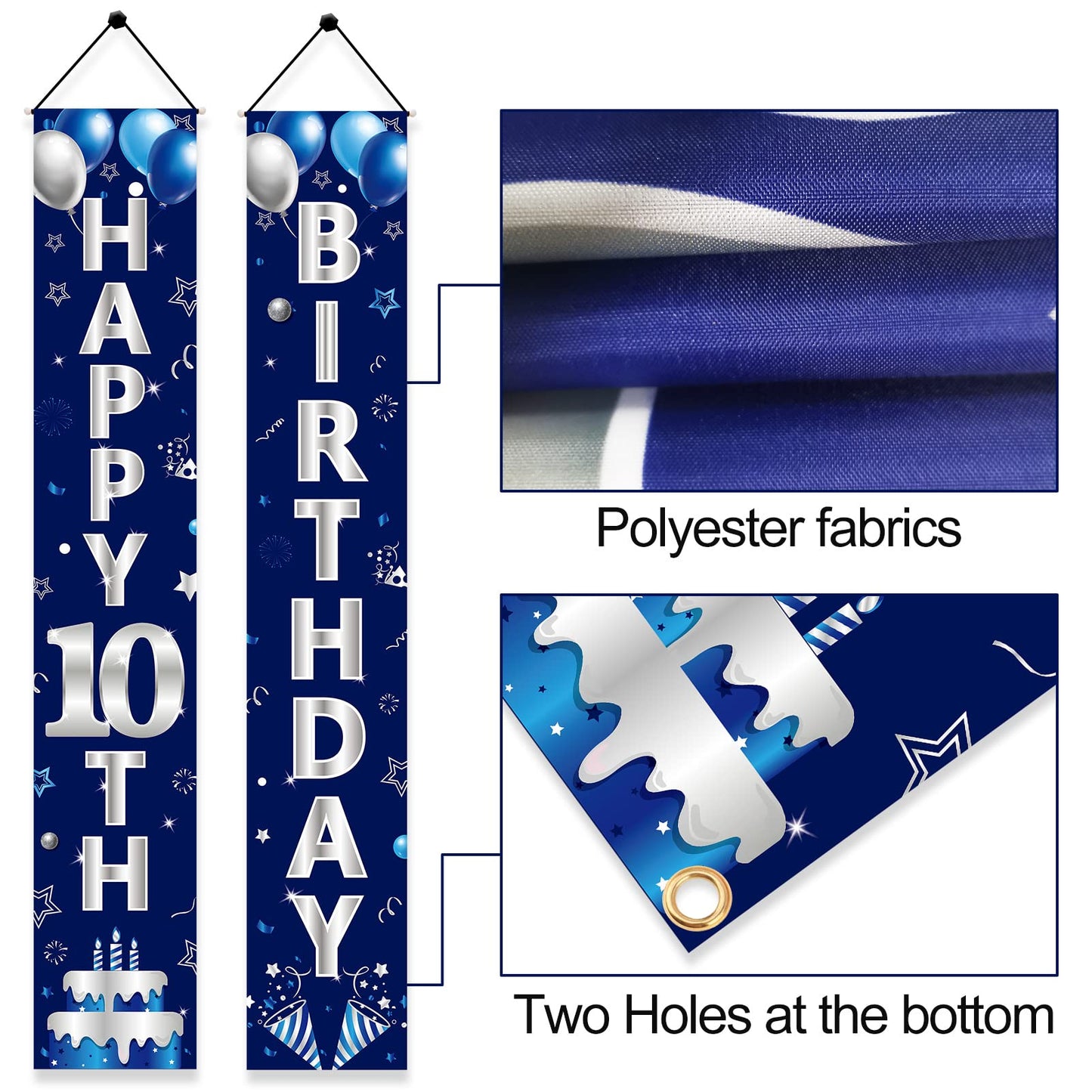 Turypaty Blue Silver 10Th Birthday Door Banner Decorations, Happy 10 Birthday Party Porch Banner Supplies For Boys, Sweet 10 Yea