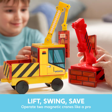 Syncfun 40Pcs Magnetic City Rescue Set For Kids - Dual-Theme Construction & Firefighting Scenarios, Including Vehicles & Cranes,