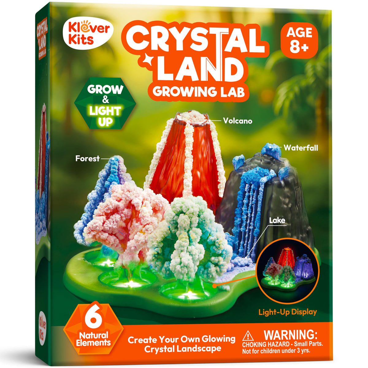JOVA Klever Kits Crystal Land Growing Lab Craft Kits for Kids Aged 8+ Science Gifts with 6 Unique Natural Elements and LightUp