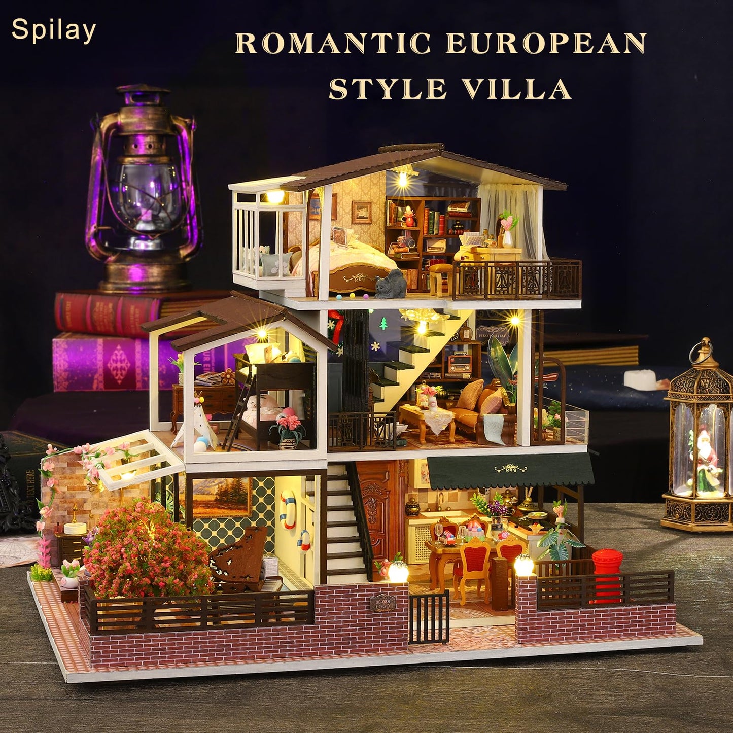 Spilay Dollhouse DIY Miniature Wooden Furniture Kit Mini Handmade Big Castle Model 1:24 Scale Creative Doll House Toys for mature-themed Gift
