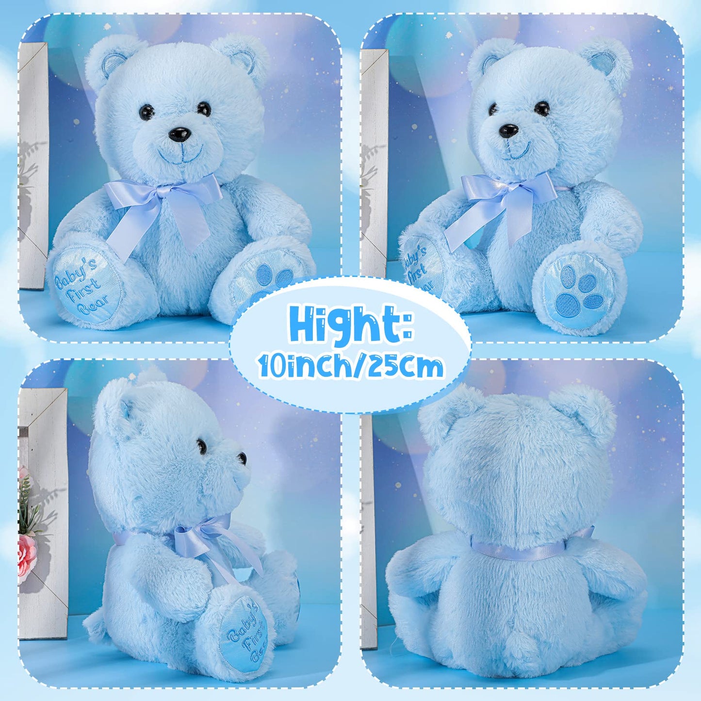 Chalyna 10 Inch Bear Stuffed Animal Gift First Bear Baby Shower Plush Toy For Wedding Birthday Easter Back To School Gift(Blue)