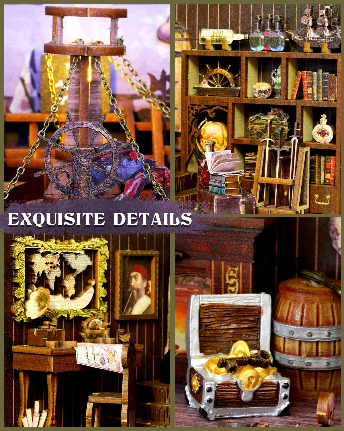 OurMiao Book Nook Kit Pirate Ship Aden, DIY Miniature Book Nook Kits for Adults, 3D Wooden Puzzle Bookshelf Insert Decor with Se