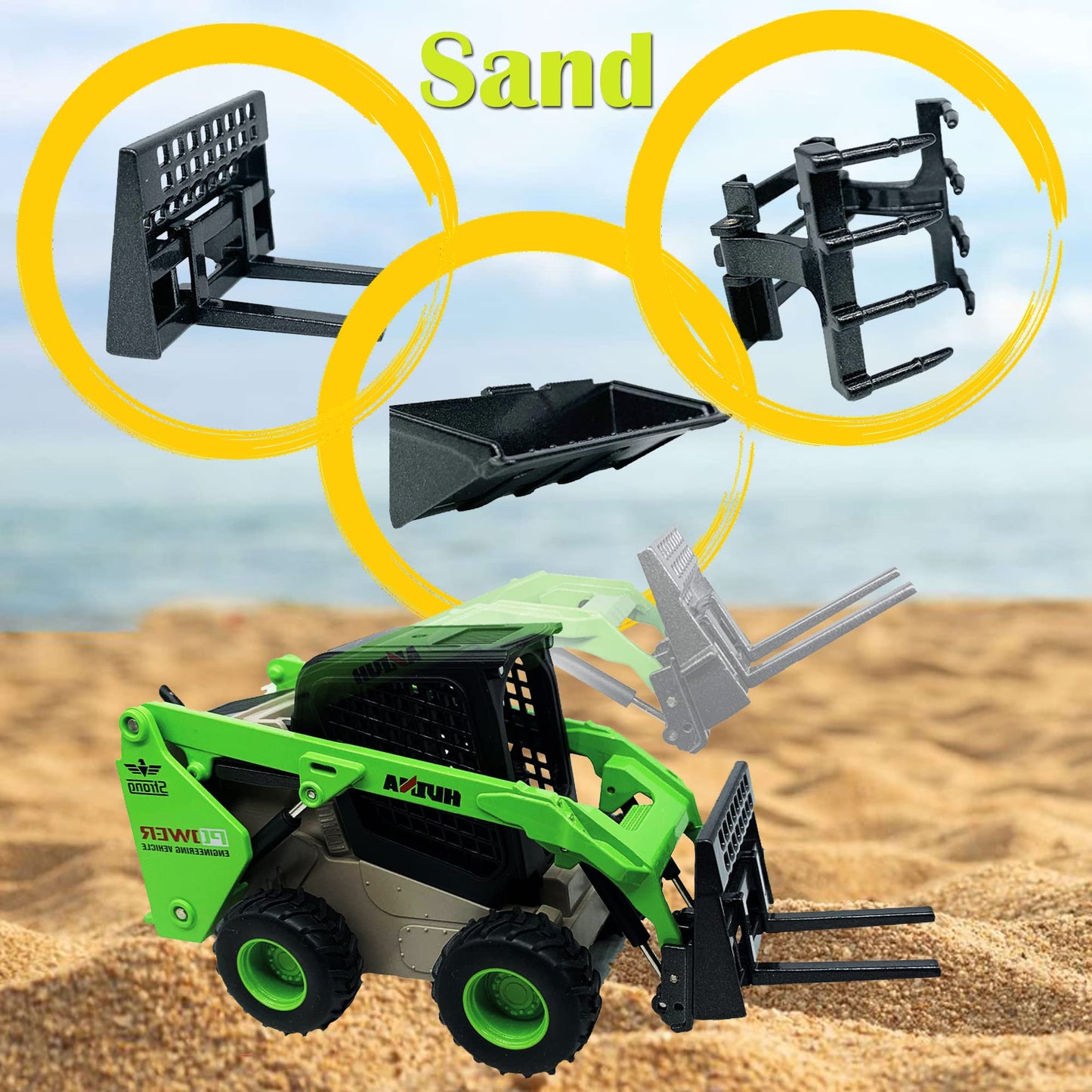 Qcar 3 in 1 Skid Steers Loader Construction Vehicles Toys,1:50 Scale Diecast Site Loader with Metal Forklift and Grab Shovel Set