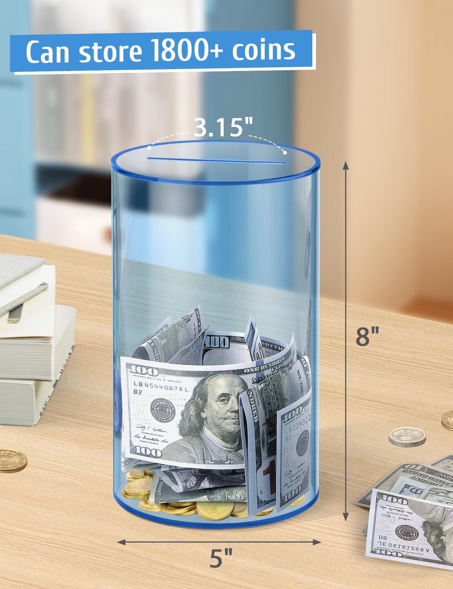 Clear Acrylic Piggy Bank For Adults Kids, Clear Money Saving Jar Must Break To Open, Unopenable Piggy Bank For Cash Coins (Blue,