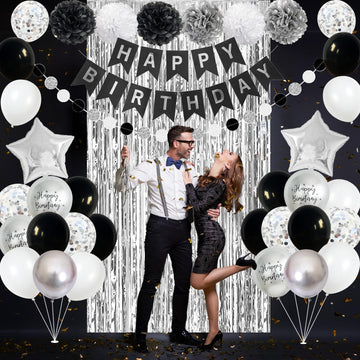 Black And Silver Birthday Party Decorations, Black White Silver Balloons Birthday Decoration Black Happy Bithday Banner Star Foi
