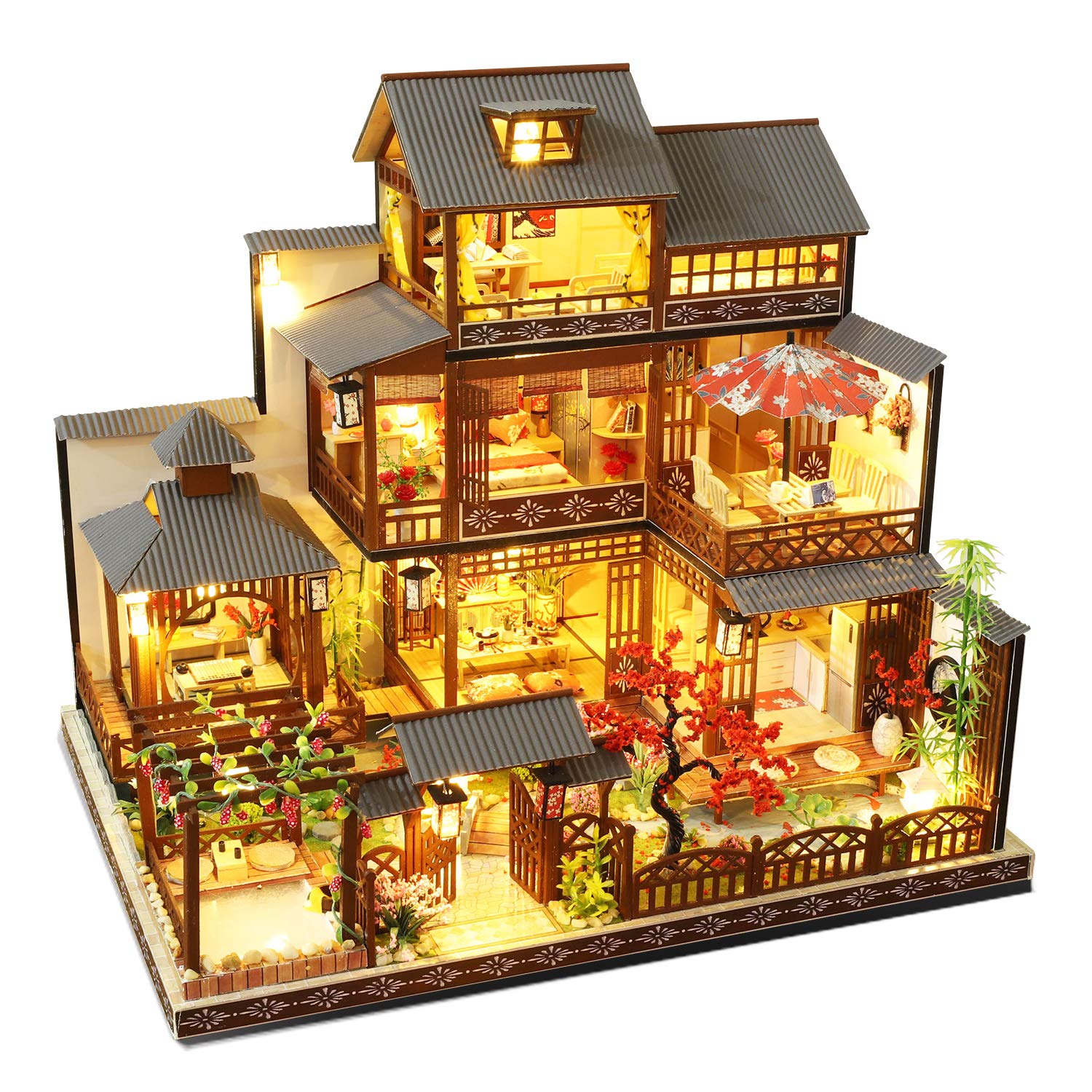Spilay DIY Dollhouse Miniature with Wooden Furniture DIY Dollhouse Kit Big Japanese Courtyard Model with LED & Music Box 1:24 Scale Creative Room Gift Idea for mature-themed Friend Lover (Yaquan Courtyard)