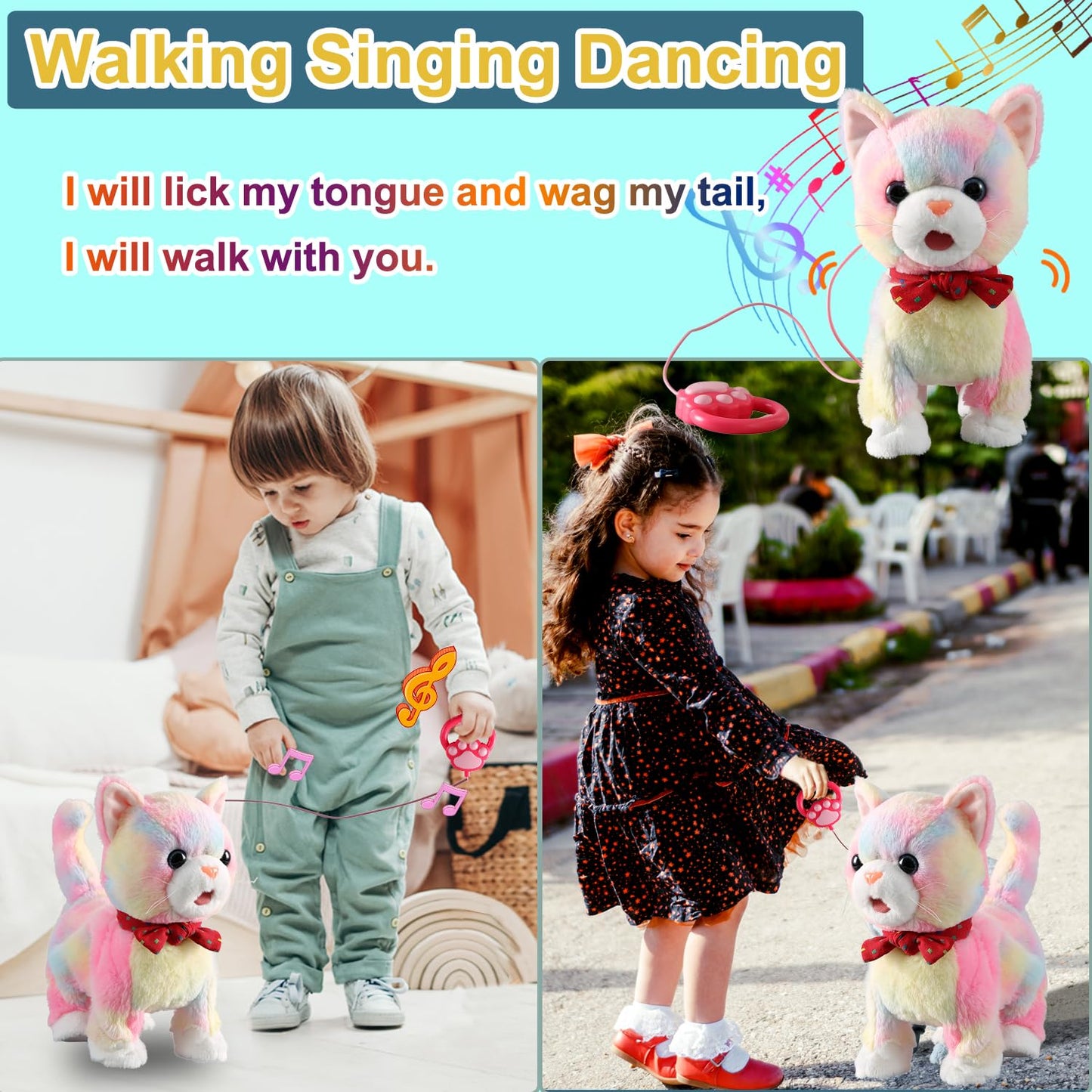 Colorful Leash Walking Cat Set Interactive Talking Cat Singing Dancing Kitten Mimicking Repeat What You Say Kitty Touch And Voice Control Nodding Wagging Tail Plush Electric Kitty For Kid Gril