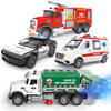 Yalujumb 4 Packs Emergency Vehicle Toy Playsets, Including Garbage Truck Play Police Car,Ambulance and Fire Truck with Spray,Lig
