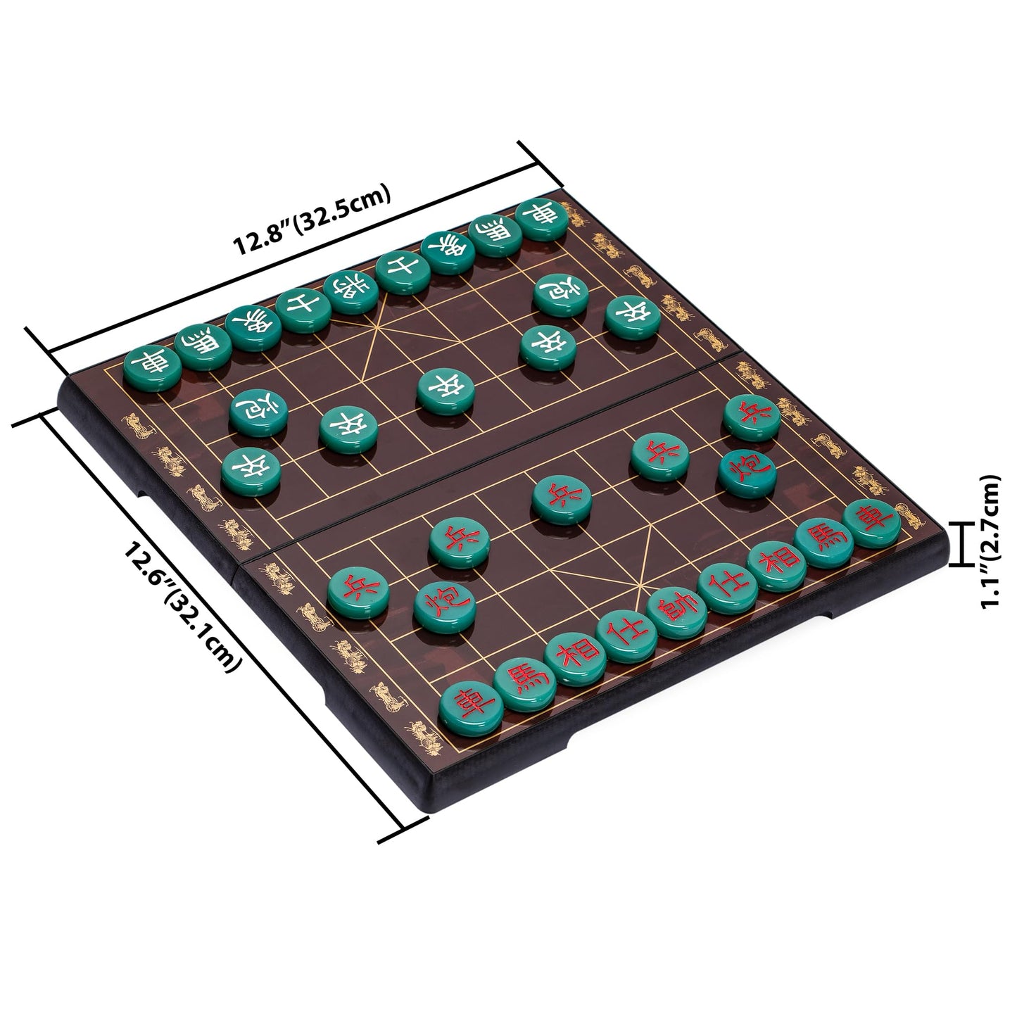 Yellow Mountain Imports Xiangqi Magnetic Travel Chess Set - 12.8" Brown Board with Jade-Colored Pieces, Model XX-CC001-A