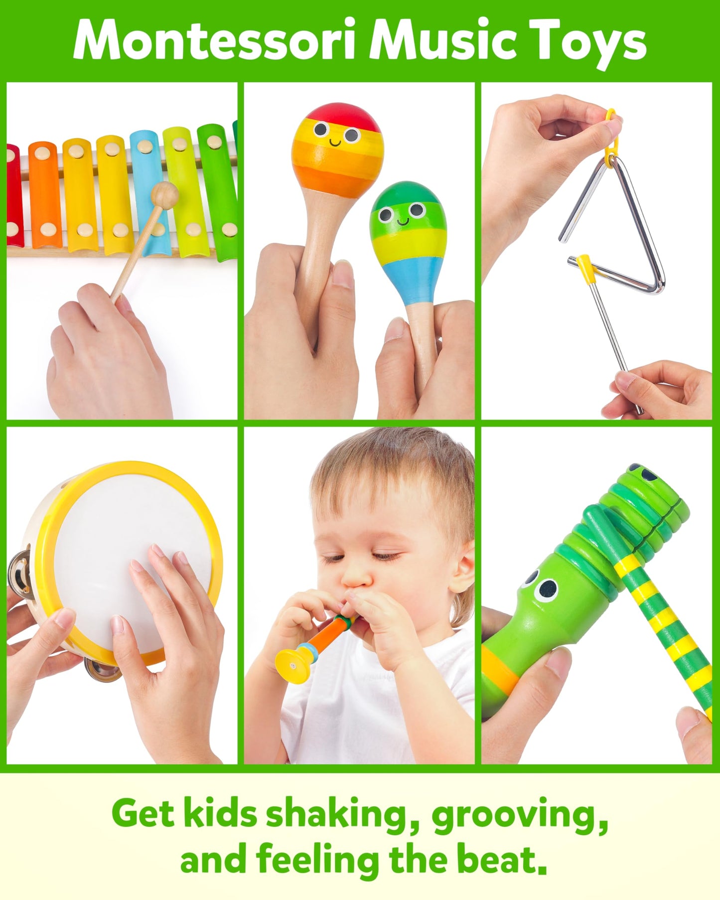 Coogam Wooden Musical Instruments Playset - Colorful Tambourine, Xylophone, Flute, Maracas - Medium Size Educational Toy