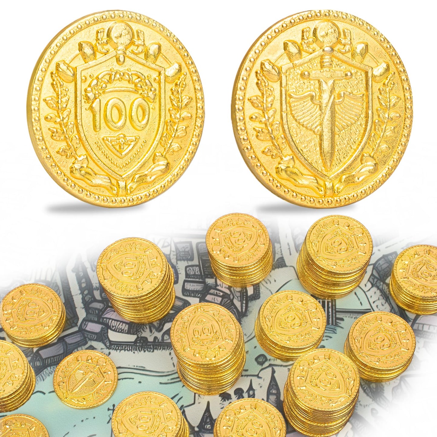Byhoo 30PCS Metal DND Coins, 1.2'' Gold Tokens with 100 Face Value for Board Game and Tabletop RPG, Fantasy Metal Coins for Path
