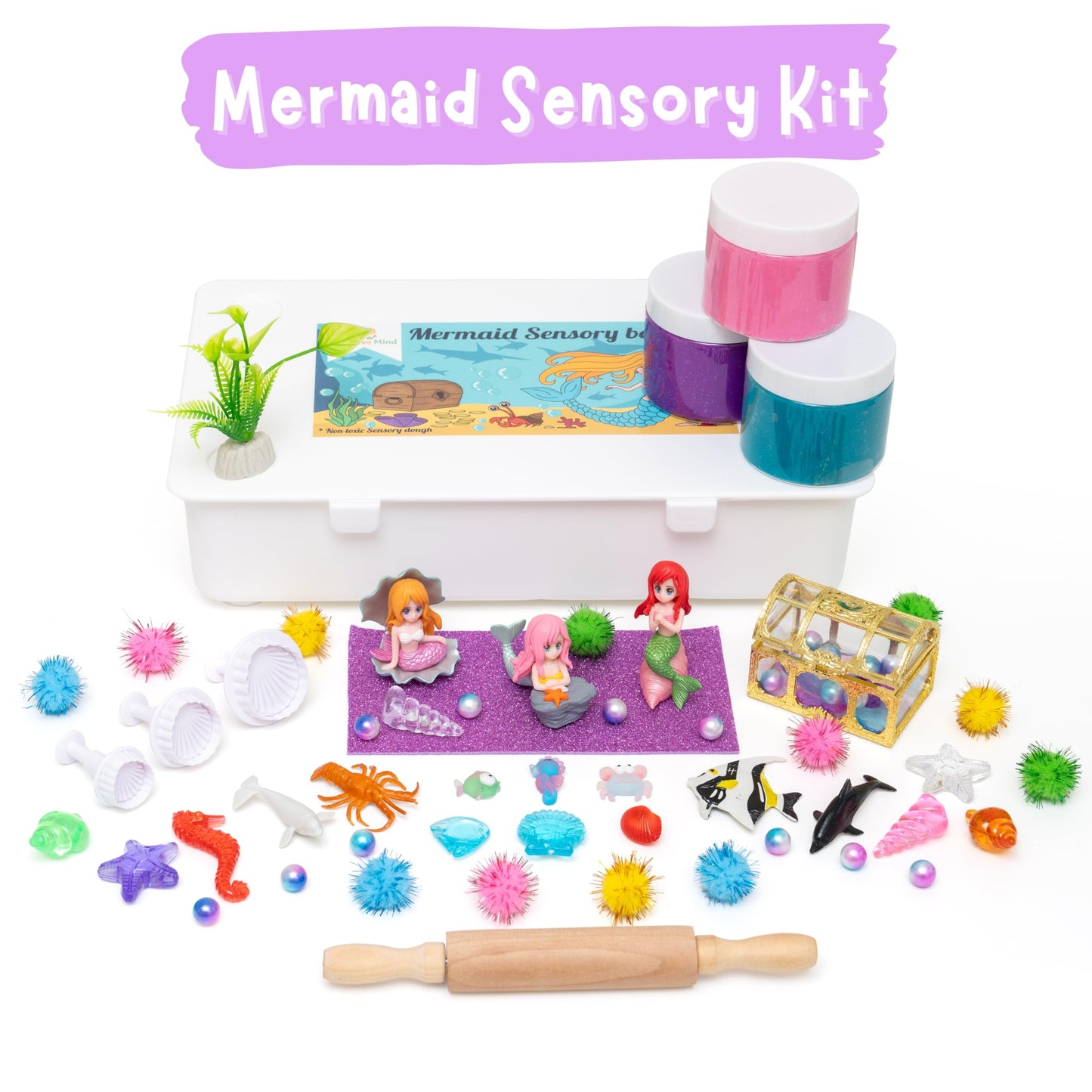 Mermaid Playdough Sensory Kit for Kids with 3 Jars of Non-Toxic Play Dough, Reusable Sensory Bin for Toddlers with Sea Animals,