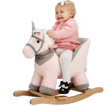 Rock My Baby Rocking Horse With Chair, Pink Unicorn Pony Rocker With Realistic Unicorn Music. Rocking Animal. Wooden Rocking Hor
