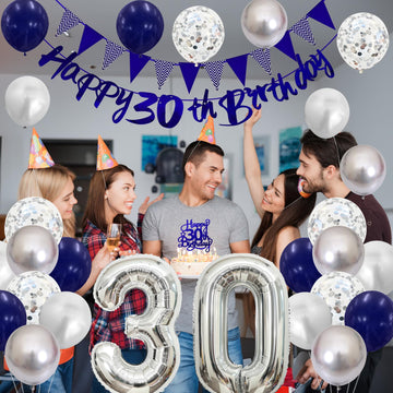30Th Birthday Decorations For Men, Navy Blue Silver 30Th Birthday Balloons With Blue Happy 30Th Birthday Banner 30 Birthday Cake