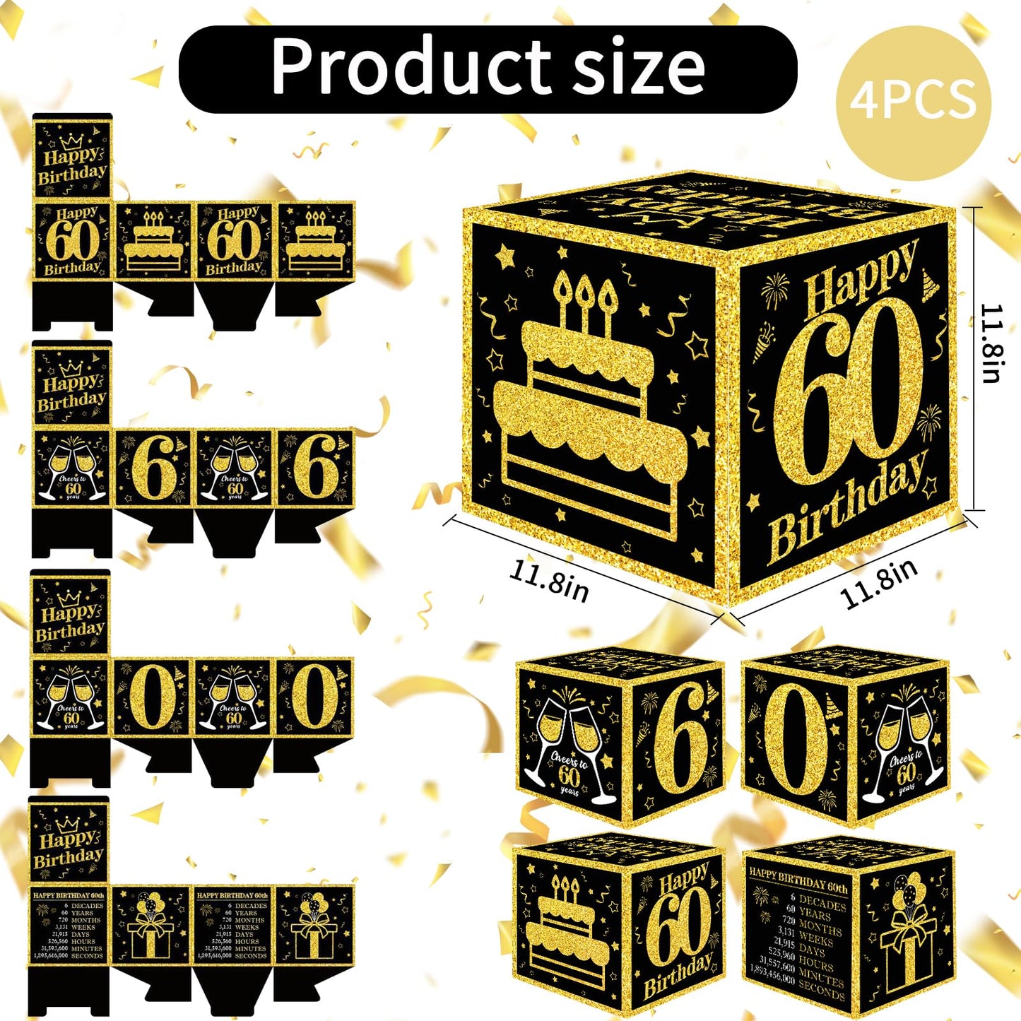 Toniful 4 Pcs 60Th Birthday Decorations Boxes For Men Women,Sixty Years Old Birthday Cardboard Box Party Supplies,Black And Gold