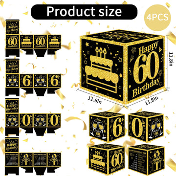 Toniful 4 Pcs 60Th Birthday Decorations Boxes For Men Women,Sixty Years Old Birthday Cardboard Box Party Supplies,Black And Gold