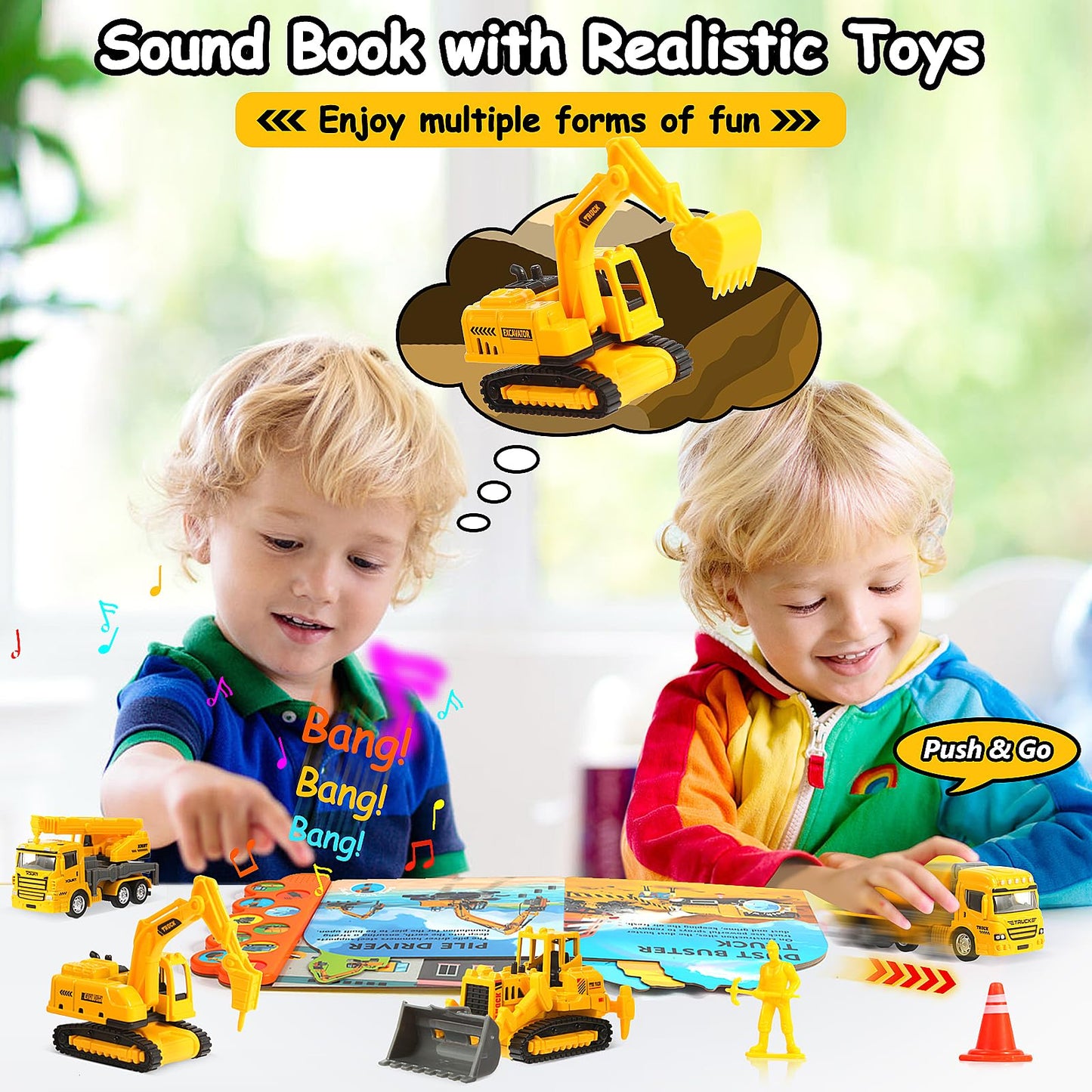 iGRATENS Construction Toys with Sound Books - Dig It! Dump It! Build It! Construction Board Book with 10 Buttons & 20 PCS Toys f
